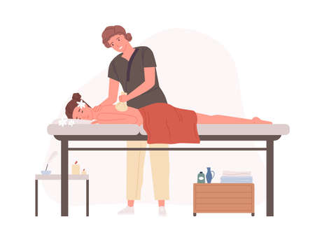 Massage therapist practicing herbal SPA wellness body therapy and aromatherapy. Woman lying and relaxing in beauty salon. Colored flat cartoon vector illustration isolated on white backgroundのイラスト素材