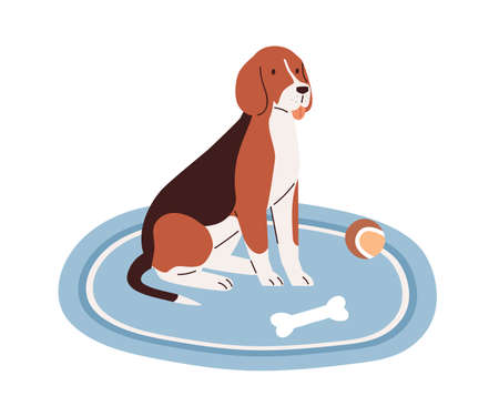 Cute dog sitting on carpet at home with puppys toys, ball and bone. Adorable pet on rug isolated on white background. Colored flat vector illustration of animal on rugのイラスト素材