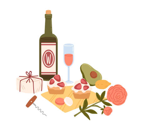 Still life with bottle of wine and picnic food such as cheese, snacks, avocado, cakes. Composition with meals and rose flower isolated on white background. Colored flat vector illustrationのイラスト素材