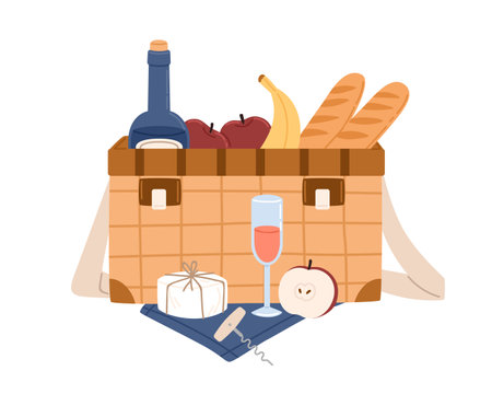 Picnic wicker basket with bottle of wine and food. Hamper with snacks, fruits, baguettes, cheese and alcoholic drink for summer lunch. Colored flat vector illustration isolated on white backgroundのイラスト素材