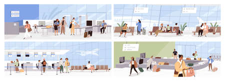 Set of scenes with people in modern international airport. Passengers and tourists in waiting, baggage claim, border control and check-in areas of air terminal. Colored flat vector illustrationのイラスト素材