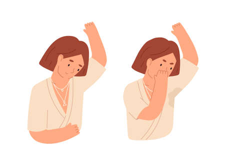 Unhappy woman with smelly sweaty armpits and sweat odour. Person with hyperhidrosis. Healthy and unhealthy smell from underarm. Hygiene concept. Flat cartoon vector illustration isolated on whiteのイラスト素材