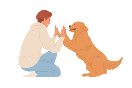 Scene with smart dog giving high five to person. Mans hands clapping pets paws. Concept of friendship between people and animal. Colored flat vector illustration isolated on white backgroundのイラスト素材