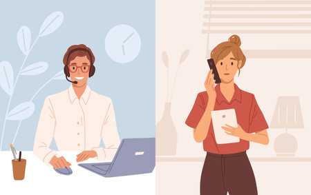 Woman with phone calling to customer support service. Operator of online consulting center during consultation with client. Colored flat vector illustration of online helpdesk or hotlineのイラスト素材