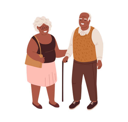Happy old couple of black-skinned man and woman. Senior African-American people standing together and smiling. Colored flat cartoon vector illustration isolated on white backgroundのイラスト素材