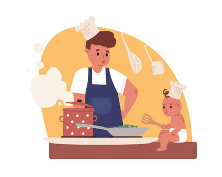 Young father cooking. Dad doing household chores with baby in kitchen. Housekeeping and paternity leave concept. Colored flat cartoon vector illustration isolated on white backgroundのイラスト素材