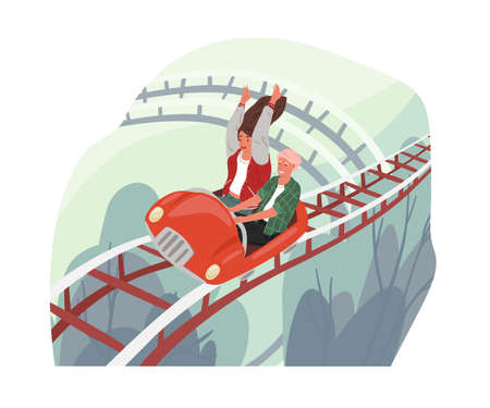Happy love couple riding roller coaster car. Entertainment of careless free people in amusement park. Fast speed concept. Colored flat cartoon vector illustration isolated on white backgroundのイラスト素材