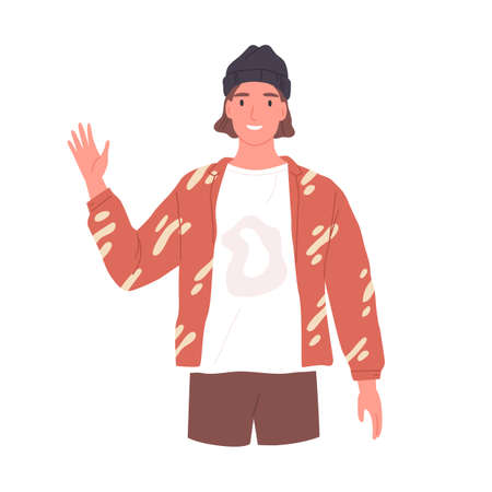Modern happy guy saying hello and waving with hand. Smiling friendly man greeting and welcoming smb with hi gesture. Colored flat vector illustration isolated on white backgroundのイラスト素材