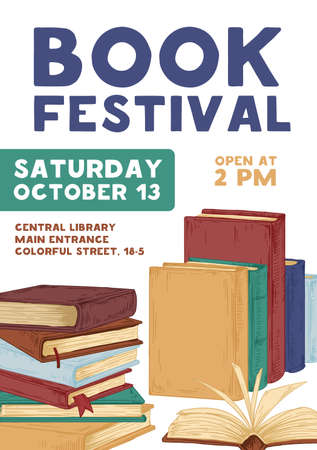 Design of vertical poster with announcement about book-reading festival and education event. Colored hand-drawn vector illustration of advertisement template with pile of textbooksのイラスト素材