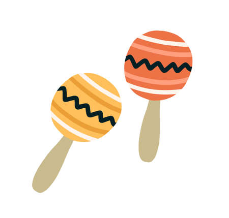 Pair of Mexican maracas. Brazilian percussion music instrument. Colored flat vector illustration of...