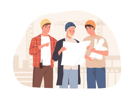 Inspector, manager and foreman discussing building project at construction site. Architect engineer holding real estate drawing. Colored flat vector illustration isolated on white backgroundのイラスト素材