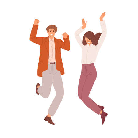 Happy couple of young man and woman dancing and jumping from joy. People celebrating success. Successful students or office workers. Colored flat vector illustration isolated on white backgroundのイラスト素材
