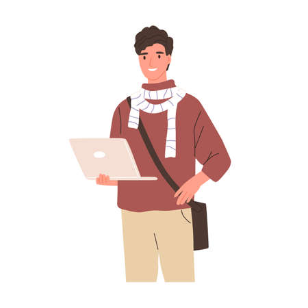 Happy modern student holding laptop. Young smiling man in casual clothing with crossbody bag. Portrait of smart guy from university. Colored flat vector illustration isolated on white backgroundのイラスト素材