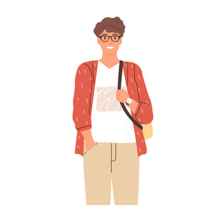 Portrait of modern university student in eyewear. Happy young man wearing casual clothing and backpack. Colored flat vector illustration of smiling guy isolated on white backgroundのイラスト素材