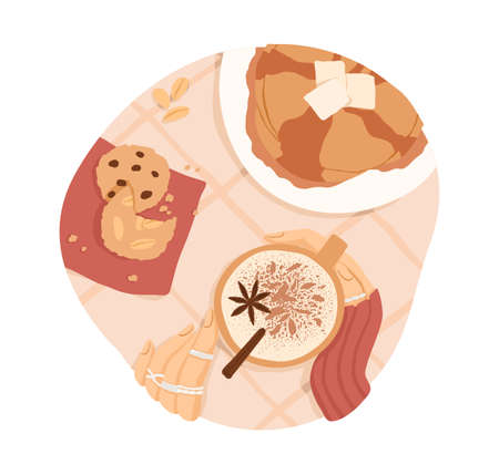 Sweet breakfast or lunch. Top view of pancakes with butter and maple syrup, cookies and hot coffee or cocoa with winter spices. Colored flat vector illustration isolated on white backgroundのイラスト素材