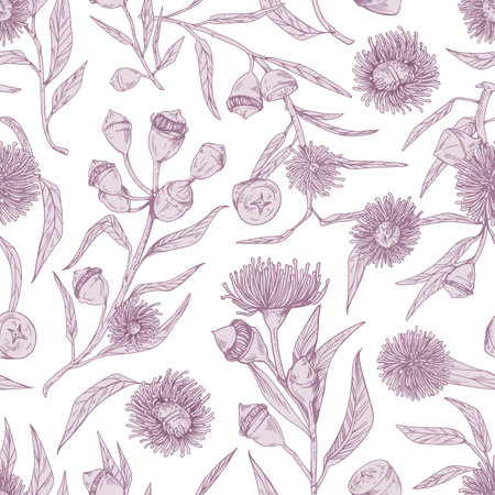 Seamless botanical pattern with elegant blooming flowers of eucalyptus on white background. Endless repeatable floral backdrop for printing. Hand-drawn vector illustration of texture in retro styleのイラスト素材