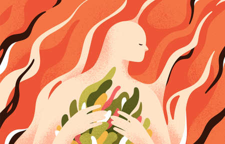 Psychology concept of mental health, soul recovery, self-care and inner world cultivation. Development of love in yourself and overcoming personal problems. Colored flat textured vector illustrationのイラスト素材