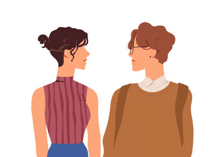 Young modern love couple of man and woman standing face to face. Portrait of two trendy friends. Romantic relationships between people. Colored flat vector illustration isolated on white backgroundのイラスト素材