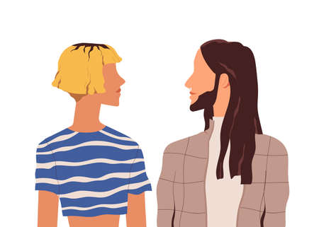 Couple of modern people isolated on white background. Portrait of woman with bob cut and long-haired man. Friends standing face to face. Colored flat vector illustration of two young friendsのイラスト素材