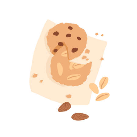 American chocolate chip cookie and bitten biscuit with nuts on napkin. Top view of fresh crunchy oat shortbread with almond or peanuts. Colored flat vector illustration isolated on white backgroundのイラスト素材