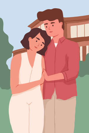 Vertical portrait of love romantic couple of man and woman standing together and hugging. Husband and wife in backyard of their house. Colored flat vector illustration of familyのイラスト素材
