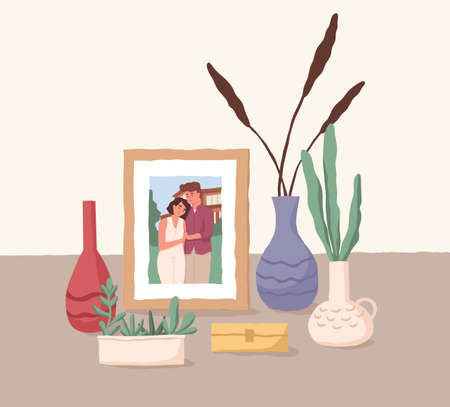 Framed photo of love couple. Family portrait of man and woman. Picture of husband and wife. Colored flat vector illustration of girlfriend and boyfriend memorable photography on deskのイラスト素材