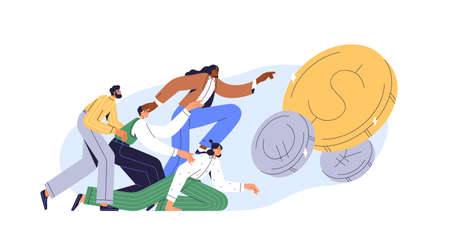 Greedy people chasing for big money. Cash race concept. Competitors striving for richness and wealth. Characters running to hit jackpot. Colored flat vector illustration isolated on white backgroundのイラスト素材