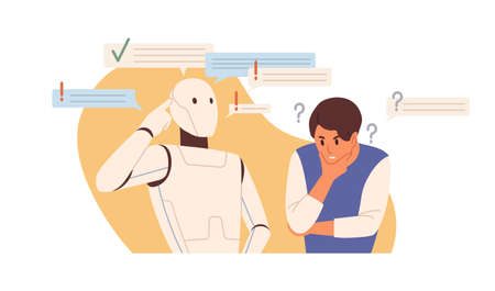 Robot vs human concept. Smart AI versus peoples mental capacity. Artificial intelligence and person thinking and solving problems. Colored flat vector illustration isolated on white backgroundのイラスト素材