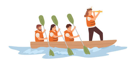 Leader and team of employees rowing in boat toward corporate goal. Concept of strategy, leadership, teamwork and collaboration in business. Flat vector illustration isolated on white backgroundのイラスト素材
