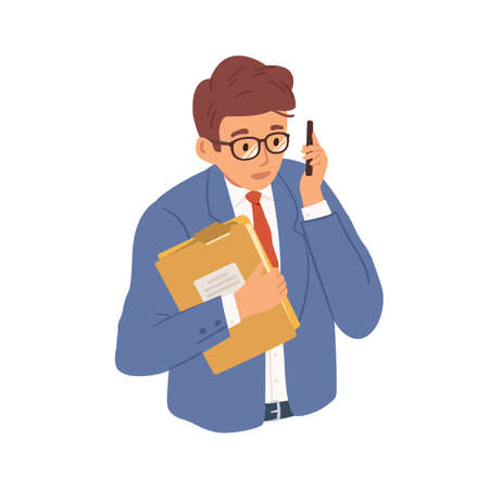 Businessman talking on mobile phone. Young man calling or contacting customers. Office worker chatting on business using smartphone. Colored flat vector illustration isolated on white backgroundのイラスト素材