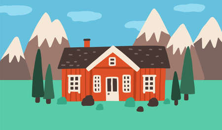 Exterior of little wooden village house in nature among trees and mountains. Countryside landscape with sweet nordic home. Colored flat vector illustration of rural building in Scandinavian styleのイラスト素材