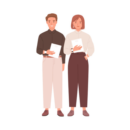 Couple of colleagues standing together with tablets. Portrait of young businessman and businesswoman. Two modern smiling coworkers isolated on white background. Flat vector illustrationのイラスト素材