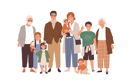 Portrait of big happy family with children, mother, father, grandfather and grandmother isolated on white background. Parents, grandparents and grandchildren. Colored flat vector illustrationのイラスト素材