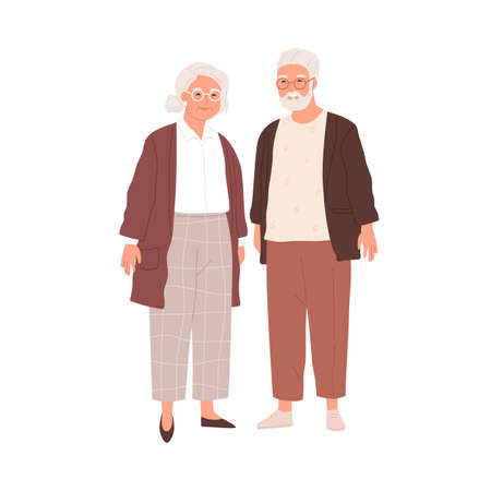 Portrait of senior couple of old people isolated on white background. Aged man and woman standing together. Colored flat vector illustration of retired gray-haired grandmother and grandfatherのイラスト素材