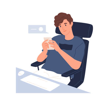 Happy young man using mobile phone app for chatting online and texting messages. Guy with smartphone during virtual communication. Colored flat vector illustration isolated on white backgroundのイラスト素材