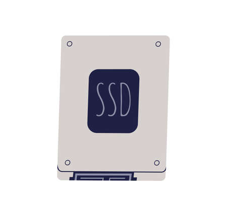 SSD card for data storage. Top view of solid-state drive isolated on white. Computer hardware part. Colored flat vector illustration of internal PC componentのイラスト素材