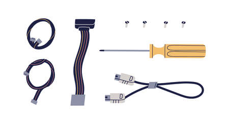 USB and ribbon cables, wires, screwdriver and bolts isolated on white background. Set of different components for mobile phone or computer. PC spare parts. Colored flat vector illustrationのイラスト素材