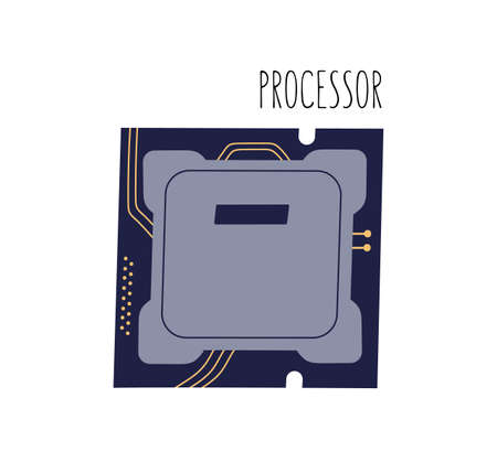 Computer CPU or central processor unit isolated on white. Main PC hardware component. Colored flat vector illustration of microprocessor with circuitryのイラスト素材