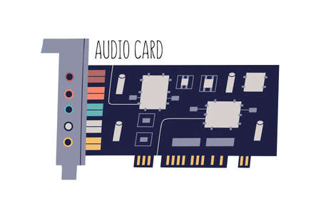 Audio or sound card for personal computer or laptop. Internal PC component with chips, sockets and colored slots. Flat vector illustration of hardware isolated on white backgroundのイラスト素材