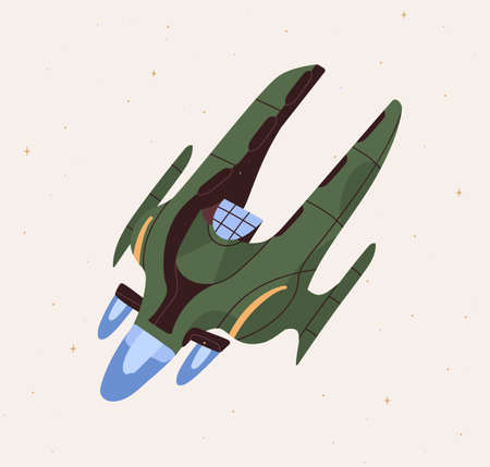Futuristic fantasy spacecraft flying in outer space. Flight of intergalactic spaceship. Spaceflight of cosmic shuttle. Colored flat cartoon vector illustration of UFO spacewalk in cosmosのイラスト素材