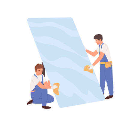 Workers in uniform cleaning big glass. Glaziers installing window or protective phone screen. Colored flat vector illustration isolated on white backgroundのイラスト素材