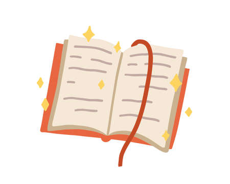 Open fantasy book with fairy tales. Magic childish literature with fairytales, bookmark and stars. Colored flat vector illustration isolated on white backgroundのイラスト素材