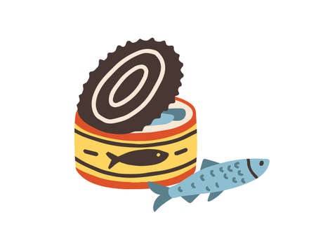 Swedish Surstromming in opened can. Smelly Baltic herring. Colored flat vector illustration of Sweden cuisine isolated on white backgroundのイラスト素材
