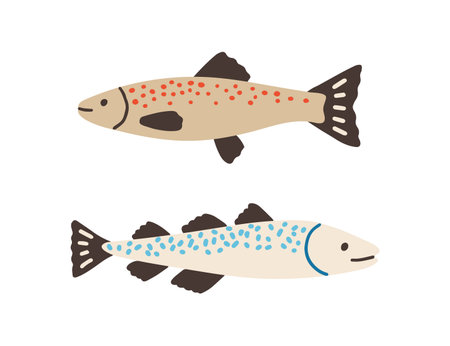 Side view of Atlantic spotted fishes. Baltic herrings isolated on white background. Colored flat vector illustration of northern troutのイラスト素材