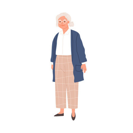 Happy aged gray-haired woman in eyewear and stylish casual clothes. Smiling senior granny in modern outfit. Colored flat vector illustration of retired female character isolated on white backgroundのイラスト素材