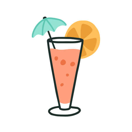 Glass of cold tropical beach cocktail with straw, umbrella and citrus slice. Summer refreshing drink with fruit. Colorful flat vector illustration of fruity beverage isolated on white backgroundのイラスト素材
