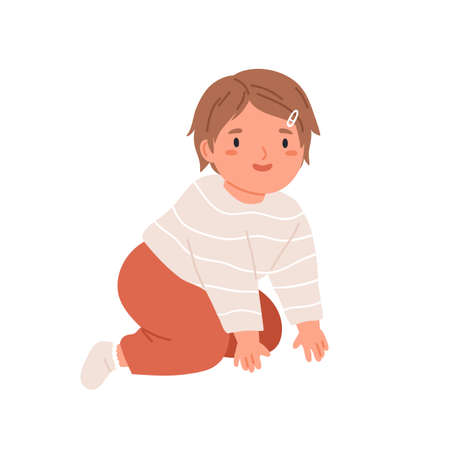 Happy smiling girl crawling. Portrait of kid in home clothes. Little child moving on knees and hands. Flat vector illustration of cute adorable baby isolated on white backgroundのイラスト素材
