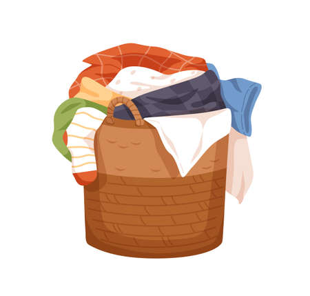 Laundry wicker basket with pile of dirty linen. Hamper full of untidy stained clothes. Messy heap of soiled textiles. Colored flat cartoon vector illustration isolated on white backgroundのイラスト素材