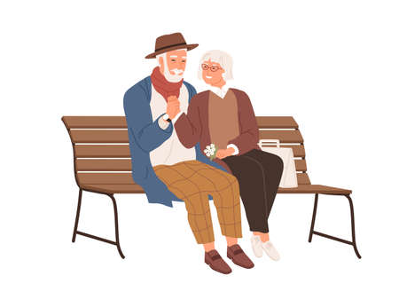 Senior love couple of two old people sitting on bench together. Happy smiling elderly man and woman hugging and holding hands on date. Colored flat vector illustration isolated on white backgroundのイラスト素材
