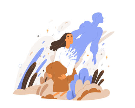 Soul rising and leaving human body. Concept of spirit separation and liberation. Person during esoteric or religious spiritual experience. Colored flat vector illustration isolated on white backgroundのイラスト素材